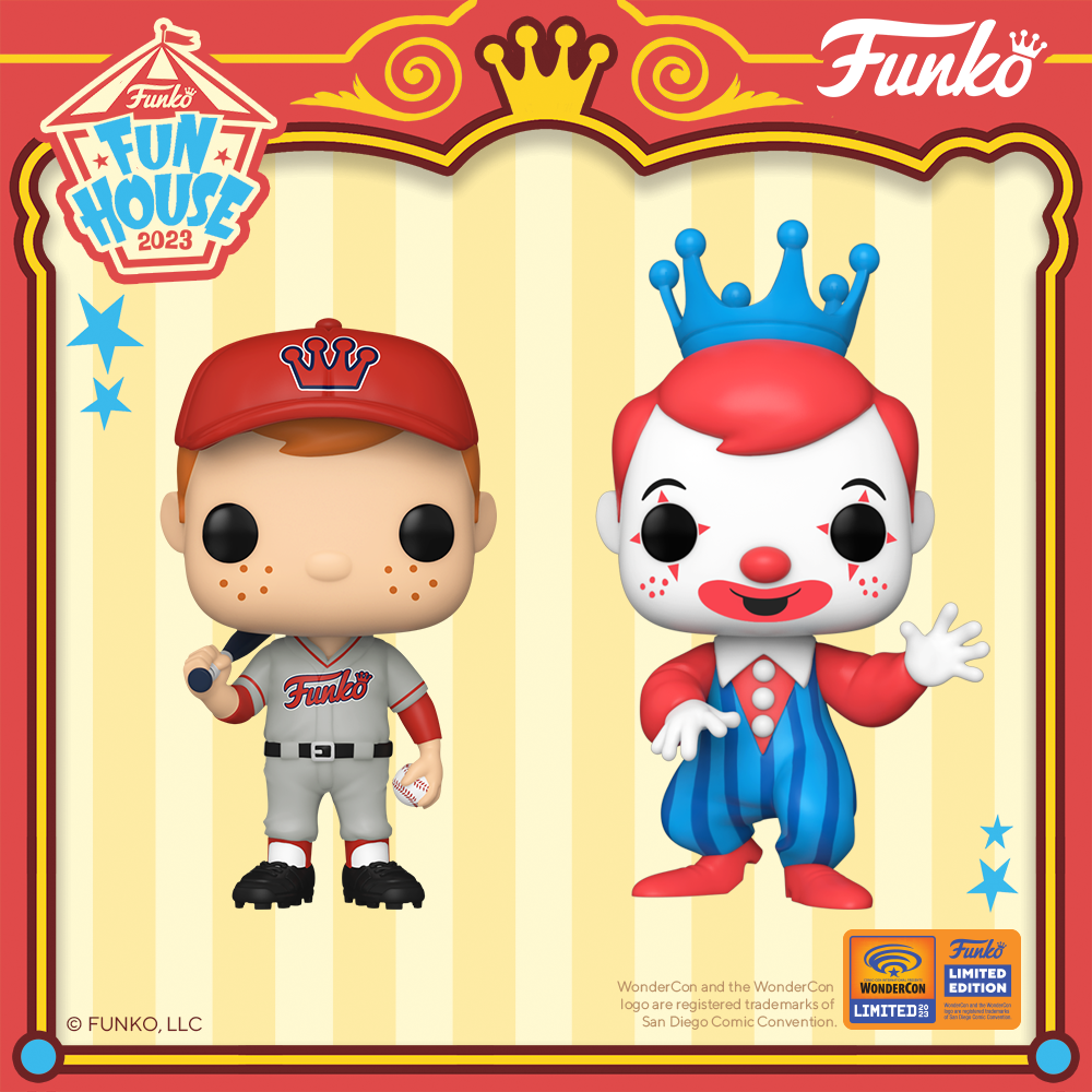 2023 WonderCon Pop! Freddy Funko in baseball uniform and clown costume.
